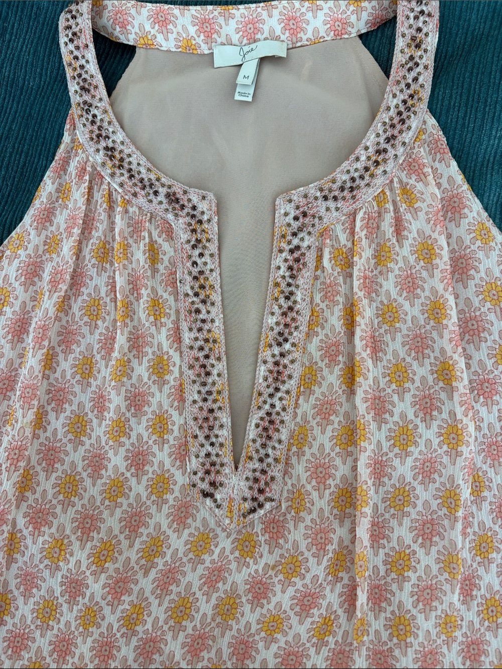 Joie Pink and Yellow Floral Beaded Halter Neck Camisole